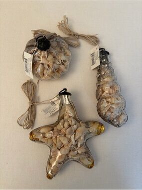 BUNDLE OF 3 VINTAGE MUD PIE SHELL FILLED GLASS ORNAMENT ANTIQUE BEACH THEME NWT